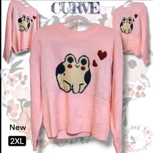 Curve Pink Sweater with Frog Design And Hearts 100% Acrylic, 2X NWOT